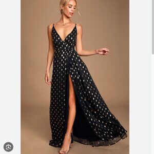 Lulus Galaxy Lights Black and Gold Polka Dot Sleeveless Maxi Dress - Size L